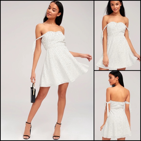 Lulu’s Navy Square Polka Dot Off Shoulder Dress - Picture 3 of 13